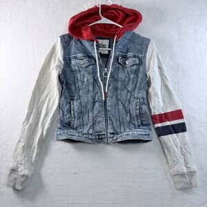 Tommy Hilfiger Denim Hooded Jacket Acid Wash‎ Contrast Sleeves Logo Hood XS Y2K